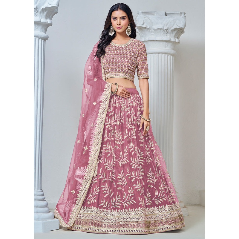 3 Pc Pink Net Semi Stitched Lehenga Set - JD986598366