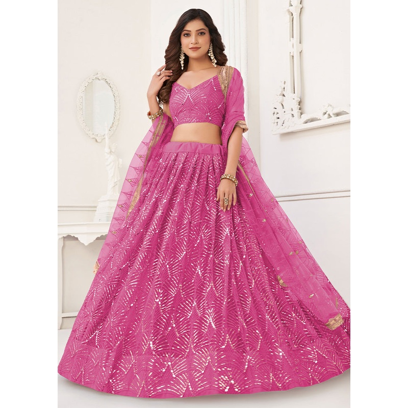 3 Pc Pink Net Semi Stitched Lehenga Set - JD986598367