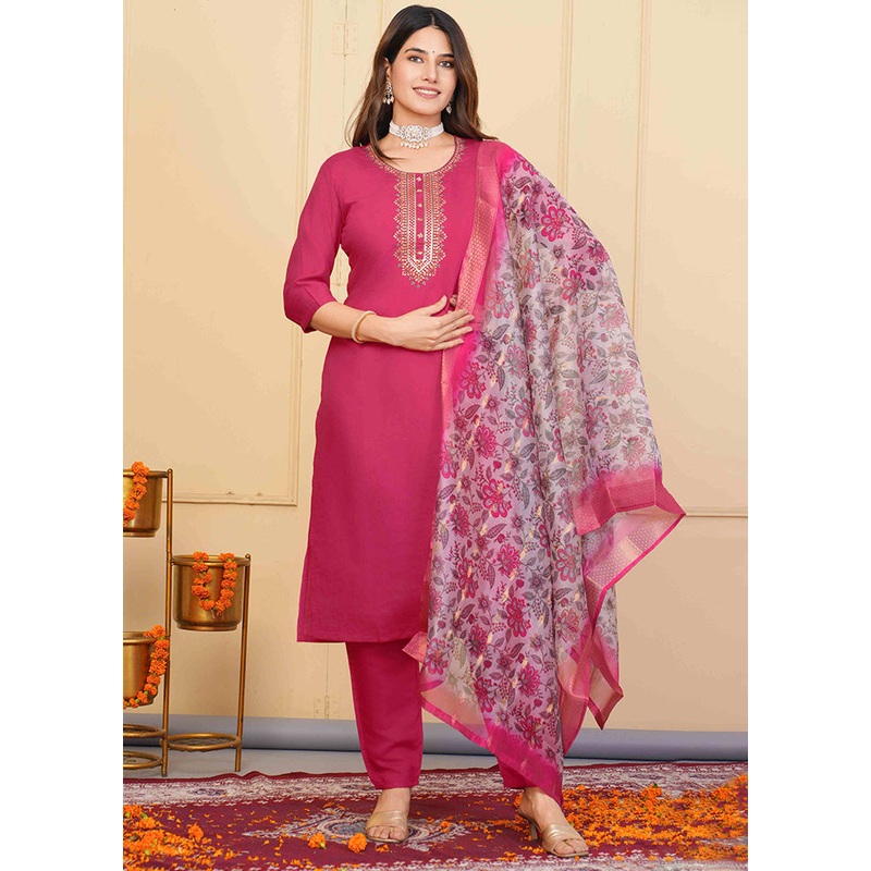 3 Pc Pink Readymade Viscose Suit Set - JD986598489