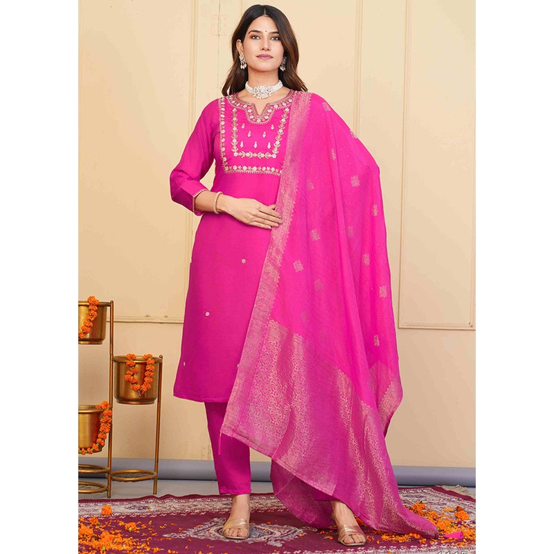 3 Pc Pink Readymade Viscose Suit Set - JD986598490