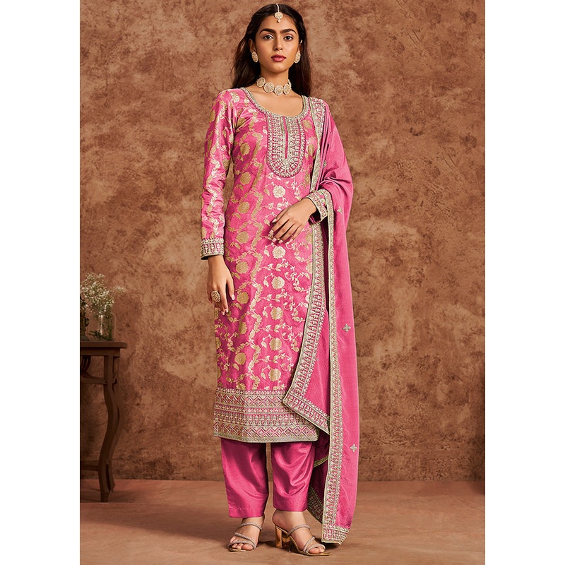 3 Pc Pink Semi Stitched Silk Suit Set - JD986598510