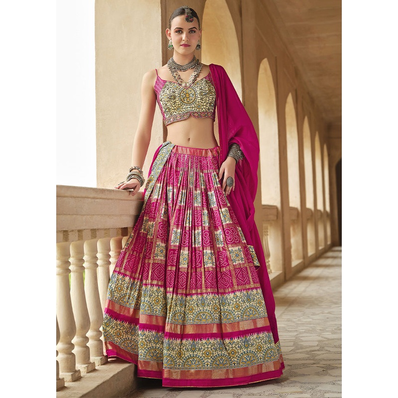 3 Pc Pink Silk Semi Stitched Lehenga Set - JD986598365