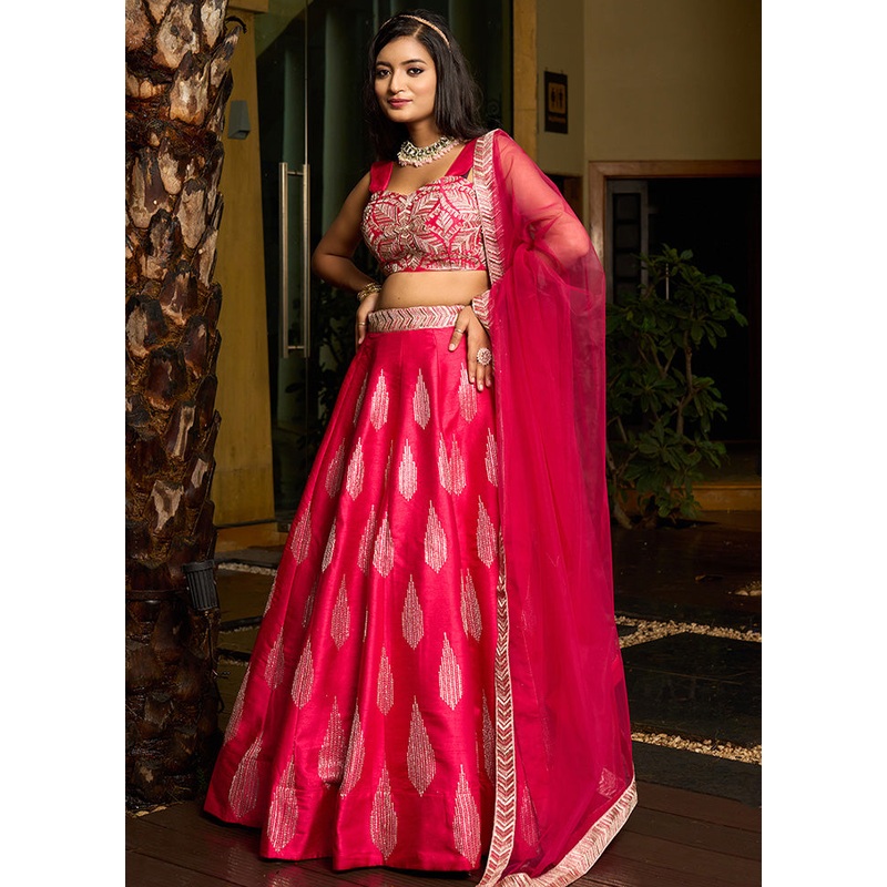 3 Pc Pink Silk Semi Stitched Lehenga Set - JD986598459