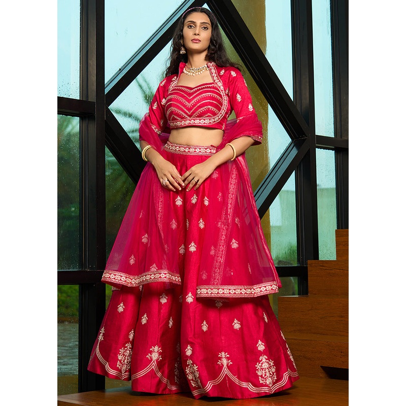 3 Pc Pink Silk Semi Stitched Lehenga Set - JD986598460