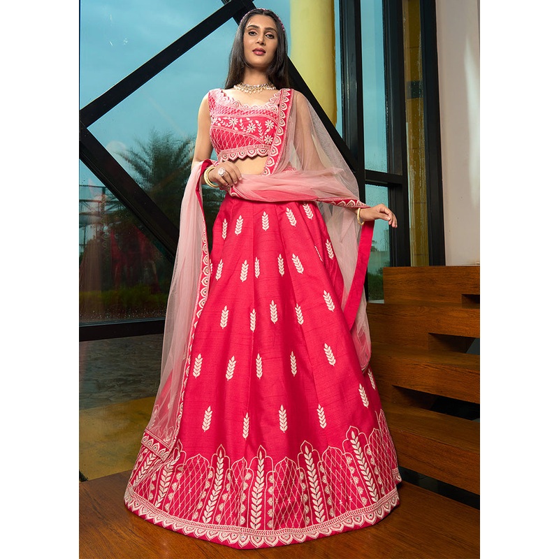 3 Pc Pink Silk Semi Stitched Lehenga Set - JD986598461
