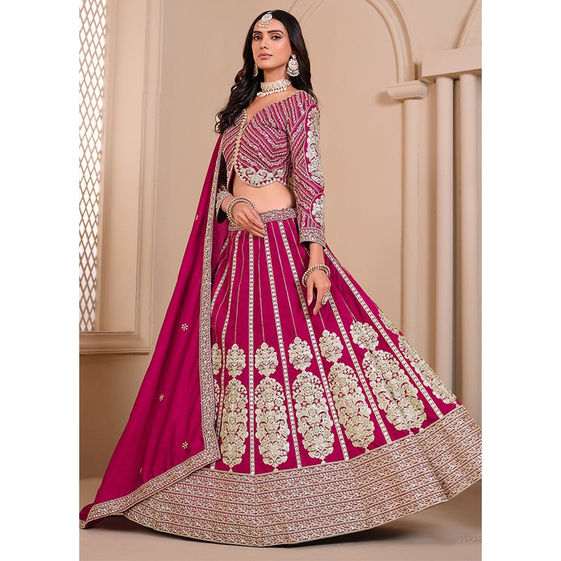 3 Pc Pink Silk Semi Stitched Lehenga Set - JD986598462