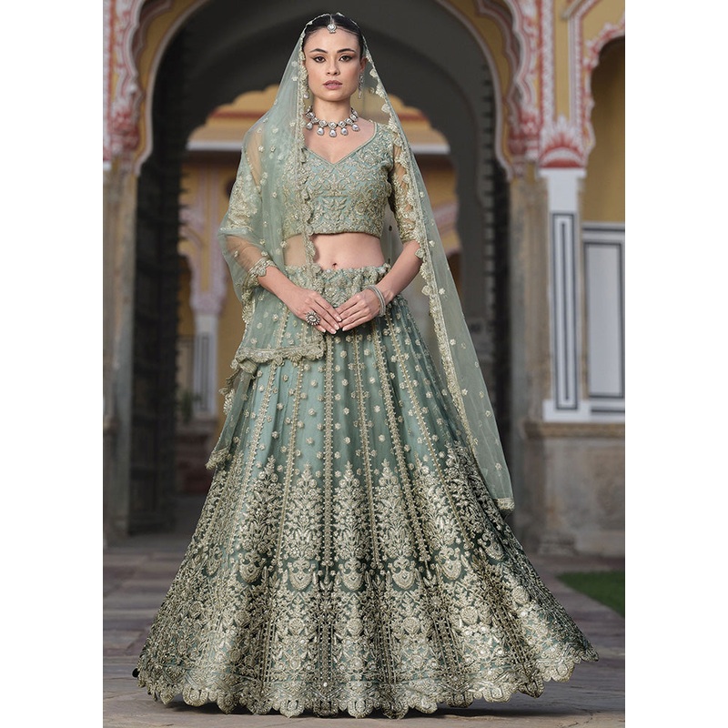 3 Pc Pista Green Net Semi Stitched Lehenga Set - JD986598363