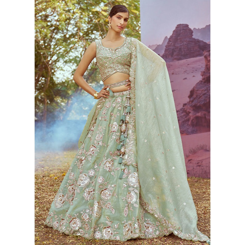 3 Pc Pista Green Silk Semi Stitched Lehenga Set - JD986598457