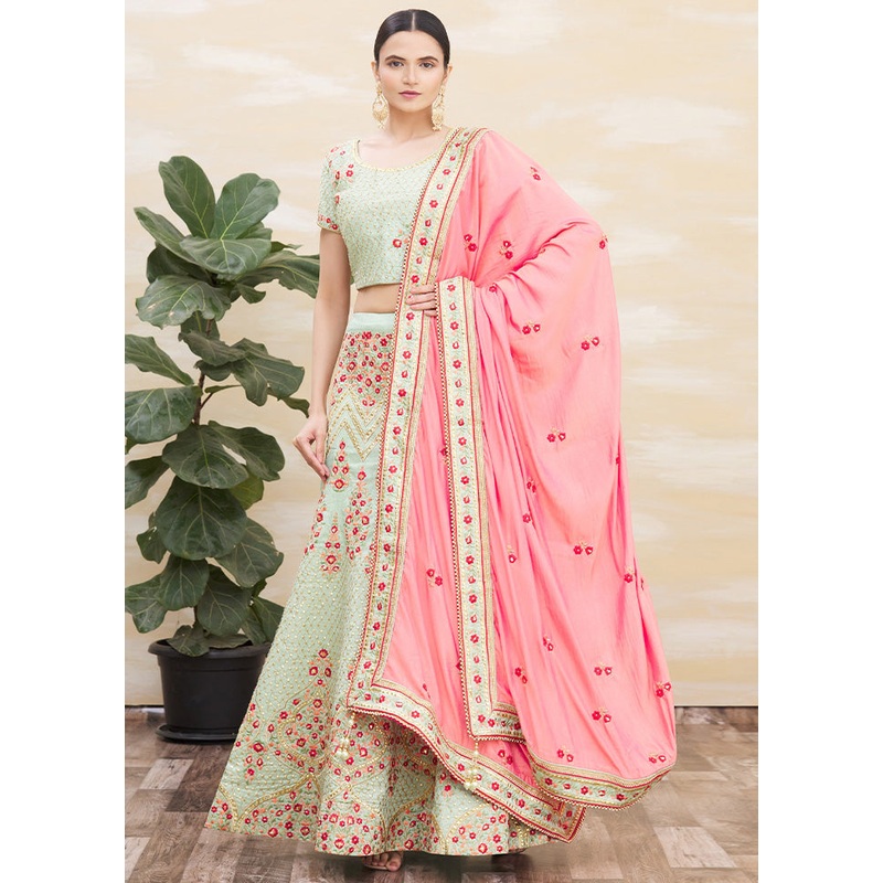 3 Pc Pista Green Silk Semi Stitched Lehenga Set - JD986598458