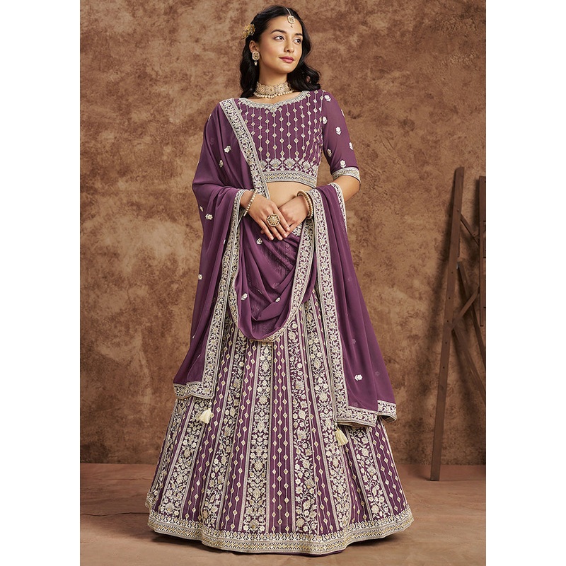 3 Pc Purple Georgette Semi Stitched Lehenga Set - JD986598362