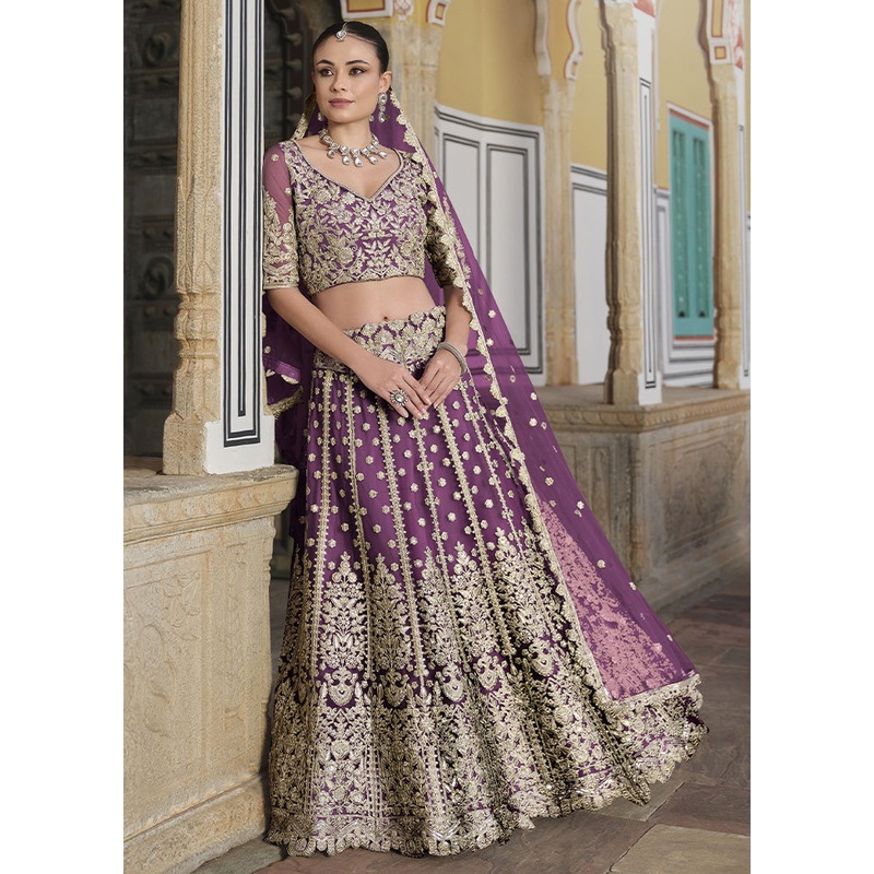 3 Pc Purple Net Semi Stitched Lehenga Set - JD986598361