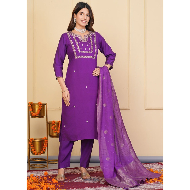 3 Pc Purple Readymade Viscose Suit Set - JD986598487