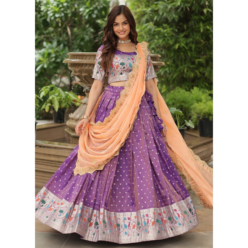 3 Pc Purple Silk Semi Stitched Lehenga Set - JD986598454