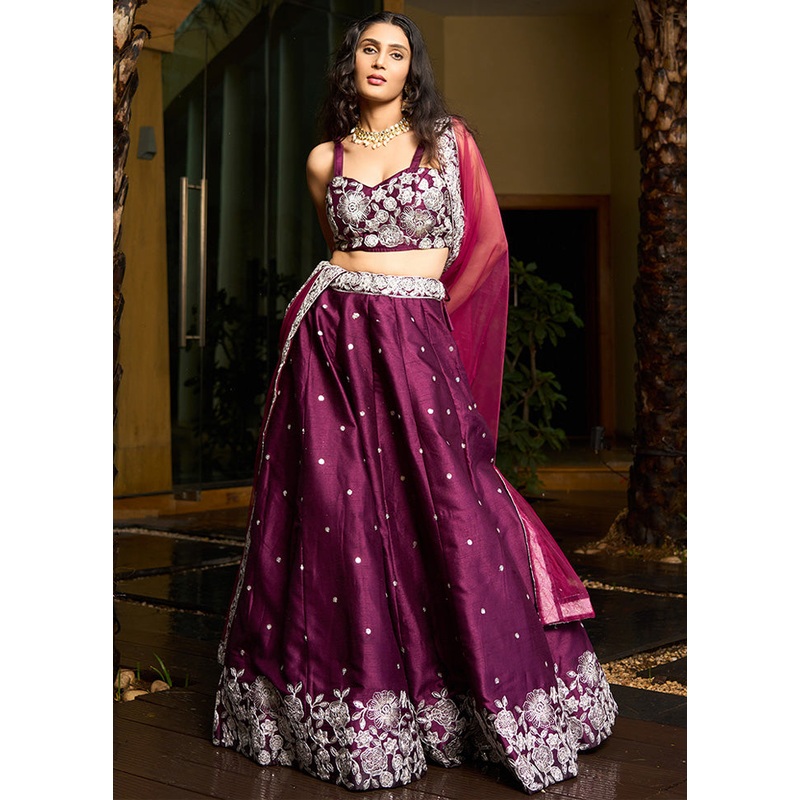 3 Pc Purple Silk Semi Stitched Lehenga Set - JD986598455