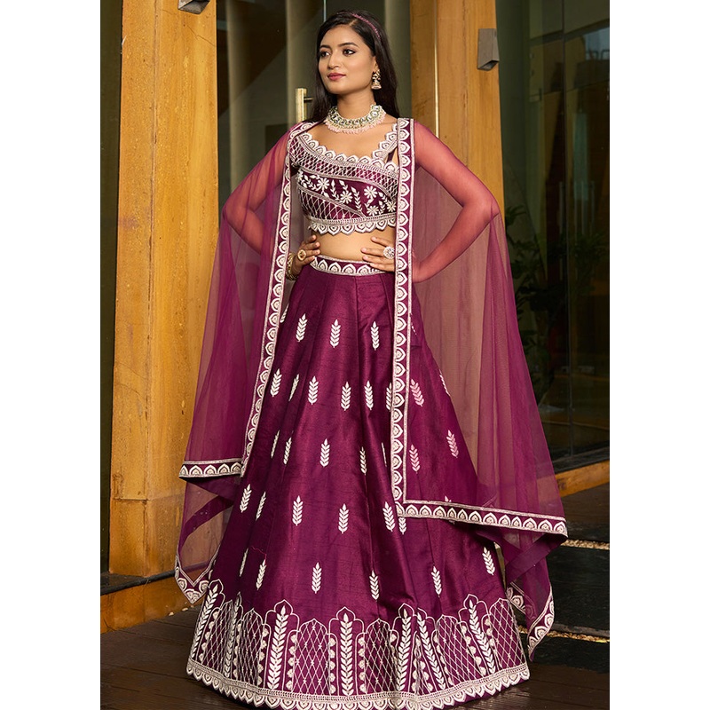3 Pc Purple Silk Semi Stitched Lehenga Set - JD986598456