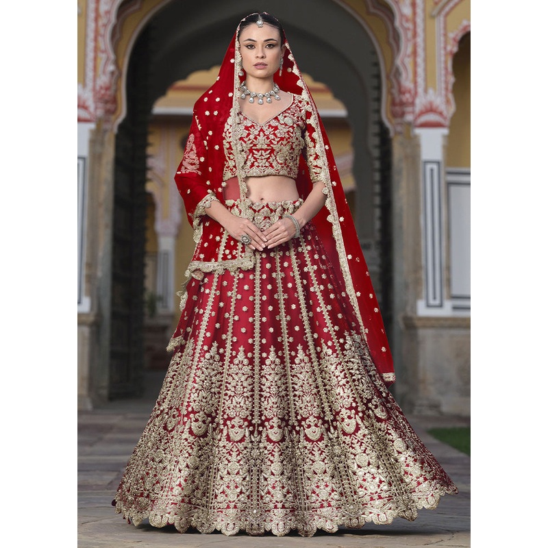 3 Pc Red Net Semi Stitched Lehenga Set - JD986598360