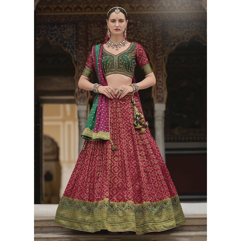 3 Pc Red Silk Semi Stitched Lehenga Set - JD986598358