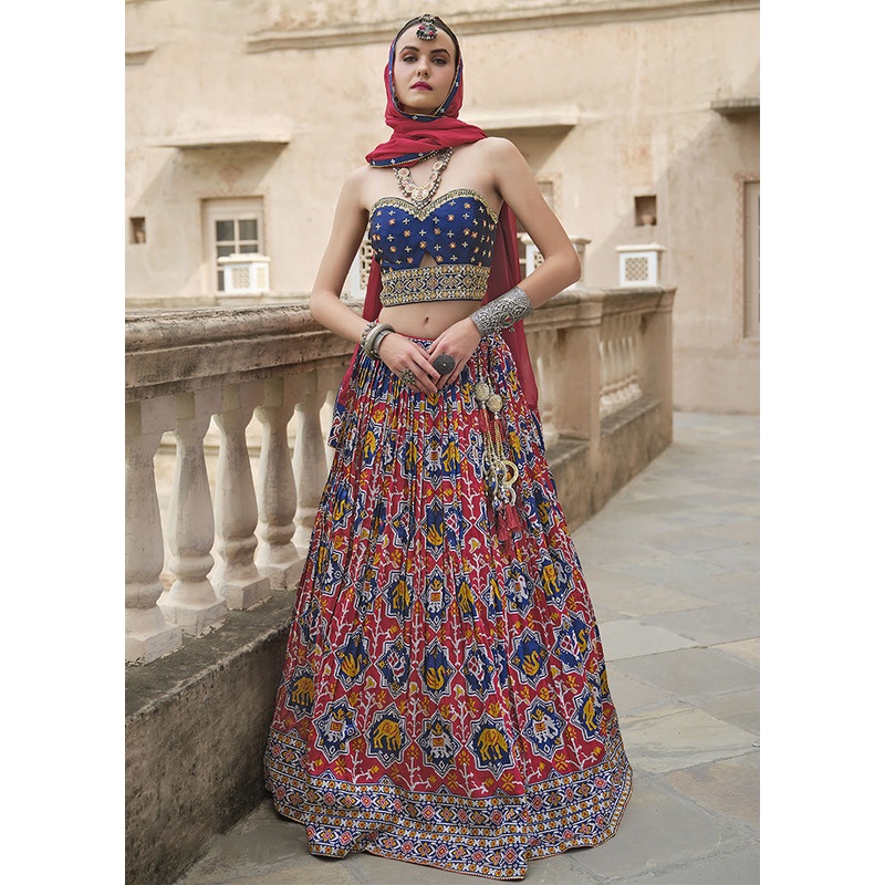 3 Pc Red Silk Semi Stitched Lehenga Set - JD986598359
