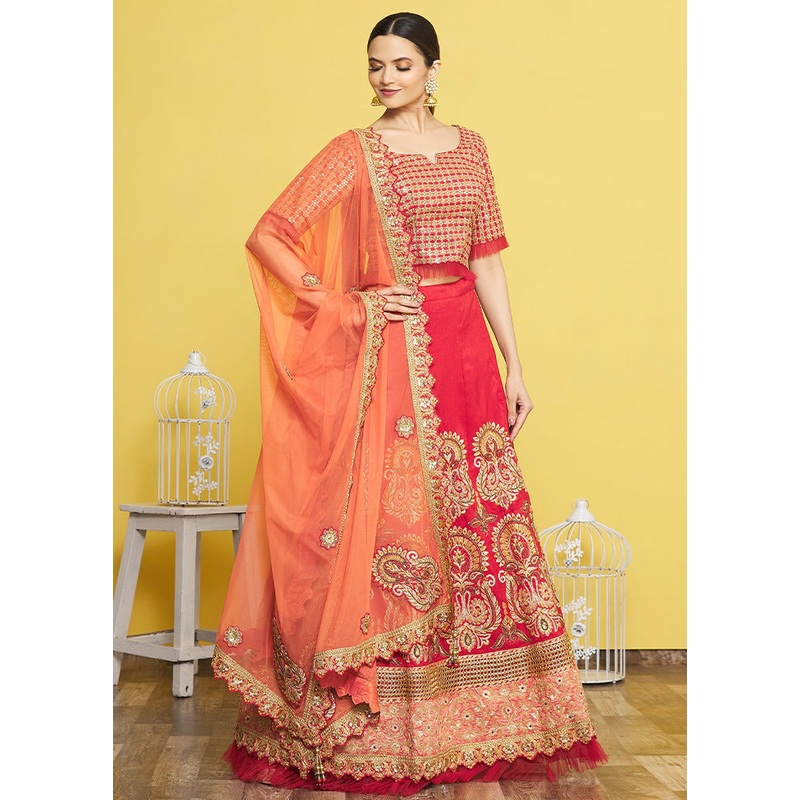 3 Pc Red Silk Semi Stitched Lehenga Set - JD986598452