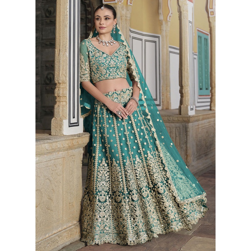 3 Pc Sea Green Net Semi Stitched Lehenga Set - JD986598357