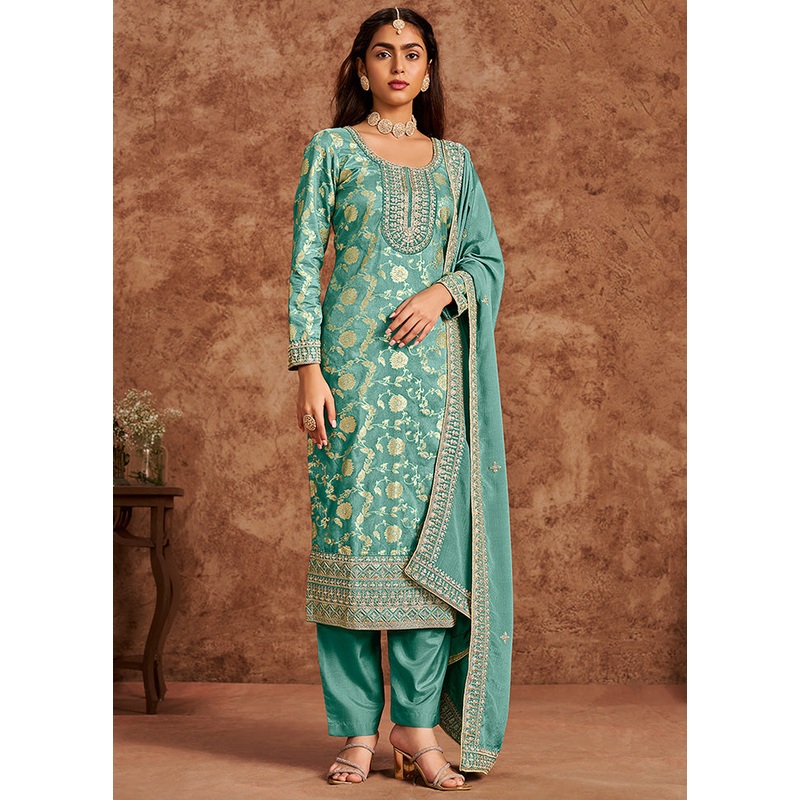 3 Pc Sea Green Semi Stitched Silk Suit Set - JD986598509