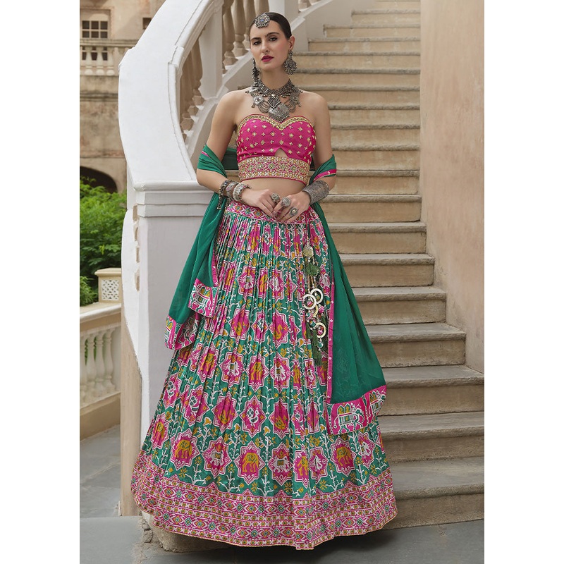 3 Pc Sea Green Silk Semi Stitched Lehenga Set - JD986598355