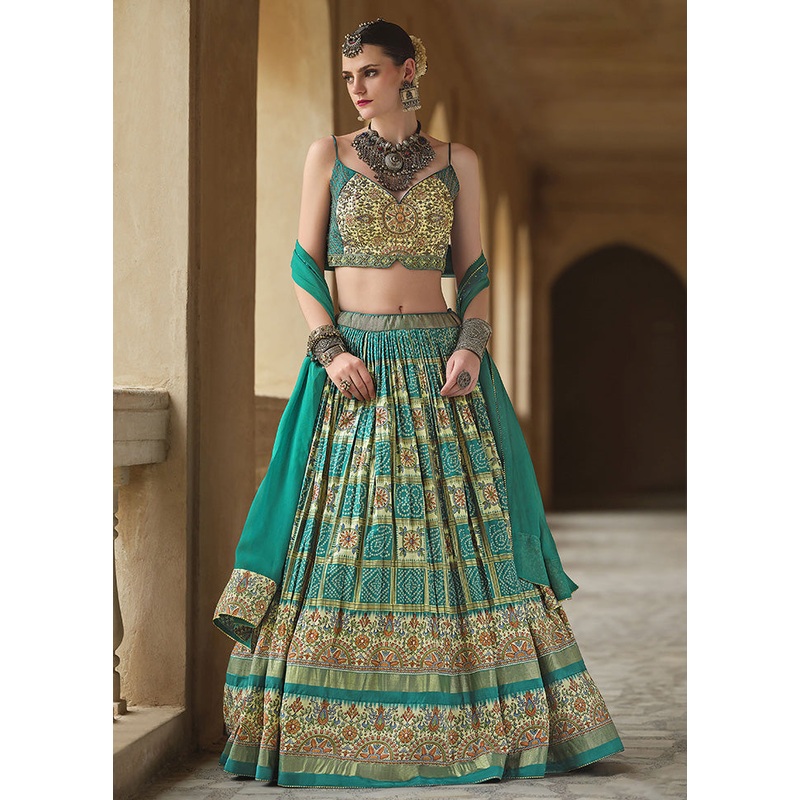 3 Pc Sea Green Silk Semi Stitched Lehenga Set - JD986598356