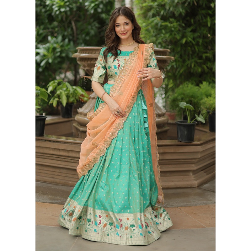 3 Pc Sea Green Silk Semi Stitched Lehenga Set - JD986598449