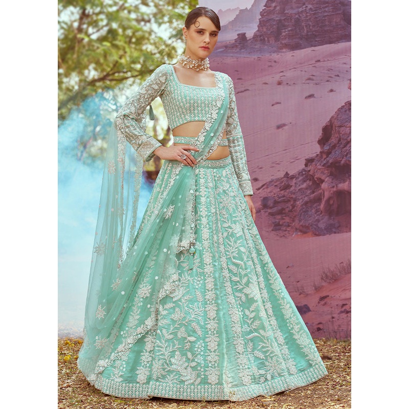 3 Pc Sea Green Silk Semi Stitched Lehenga Set - JD986598450