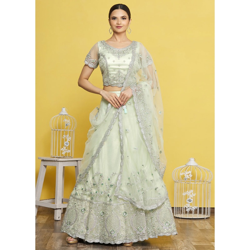 3 Pc Sea Green Silk Semi Stitched Lehenga Set - JD986598451