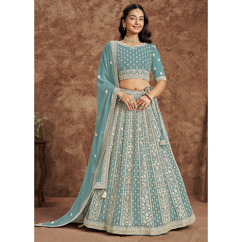 3 Pc Sky Blue Georgette Semi Stitched Lehenga Set - JD986598353