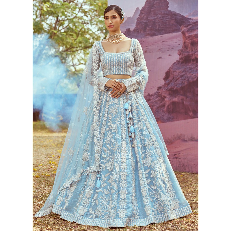 3 Pc Sky Blue Silk Semi Stitched Lehenga Set - JD986598448