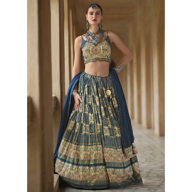 3 Pc Teal Blue Silk Semi Stitched Lehenga Set - JD986598352