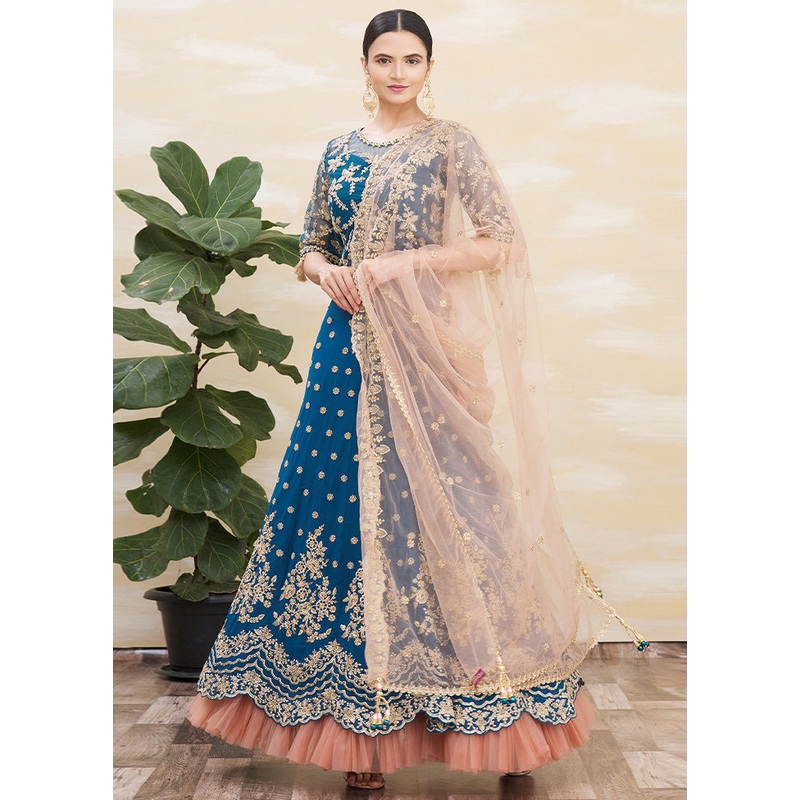3 Pc Teal Blue Silk Semi Stitched Lehenga Set - JD986598446