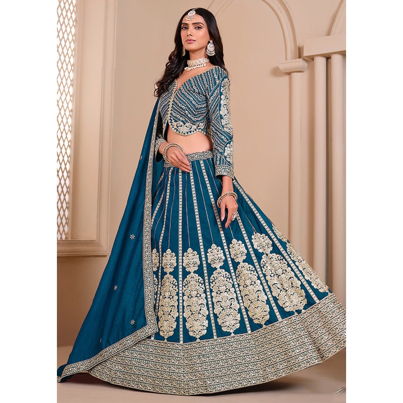 3 Pc Teal Blue Silk Semi Stitched Lehenga Set - JD986598447