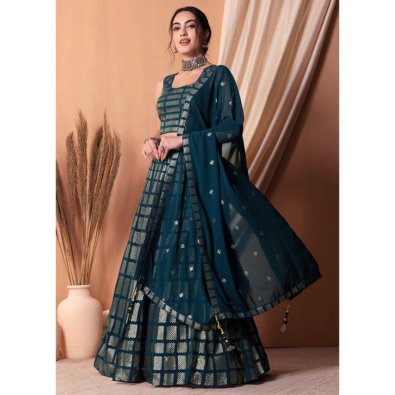 3 Pc Teal Georgette Semi Stitched Lehenga Set - JD986598351