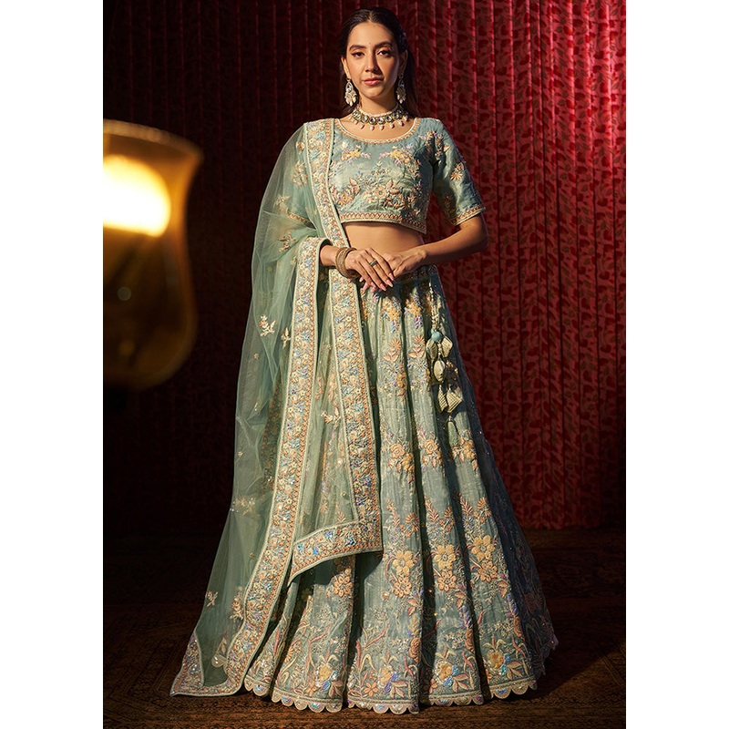 3 Pc Turquoise Silk Semi Stitched Lehenga Set - JD986598350