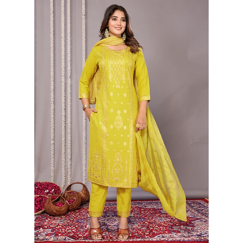3 Pc Yellow Readymade Cotton Suit Set - JD986598387