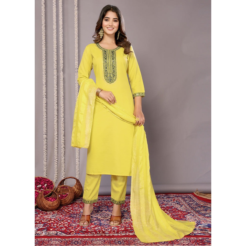 3 Pc Yellow Readymade Cotton Suit Set - JD986598388