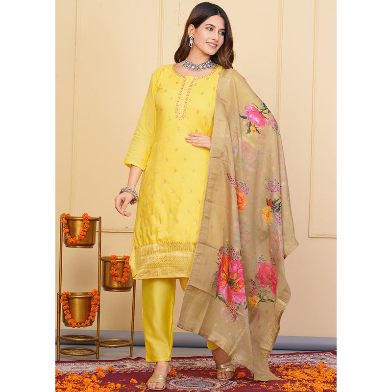 3 Pc Yellow Readymade Viscose Suit Set - JD986598486