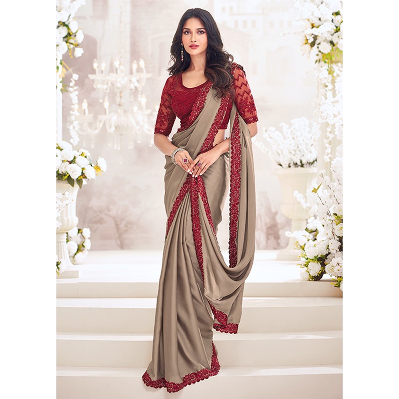 Beige Satin Silk Saree With Blouse Piece - JD986598438