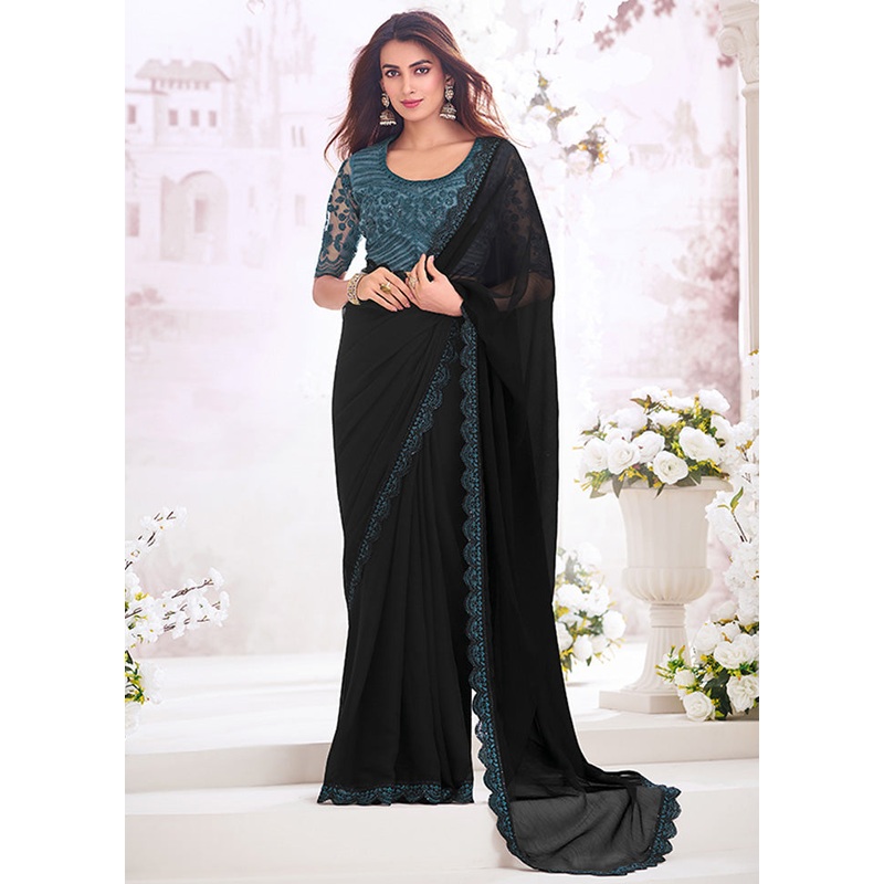 Black Chiffon Silk Saree With Blouse Piece - JD986598437