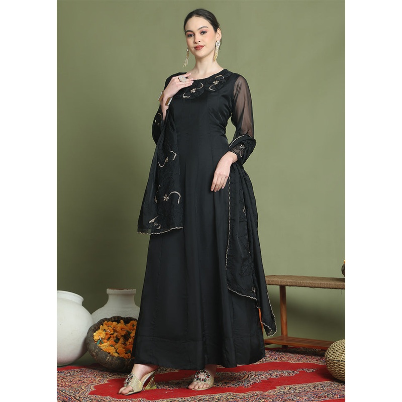 Black Readymade Silk Dupatta Indian Dress - JD986598516