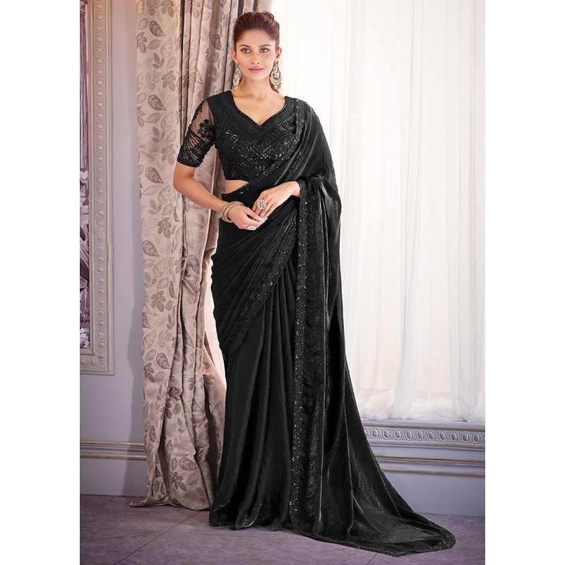 Black Satin Silk Saree With Blouse Piece - JD986598436