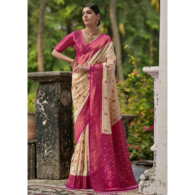 Cream Banarasi Silk Saree With Blouse Piece - JD986598548