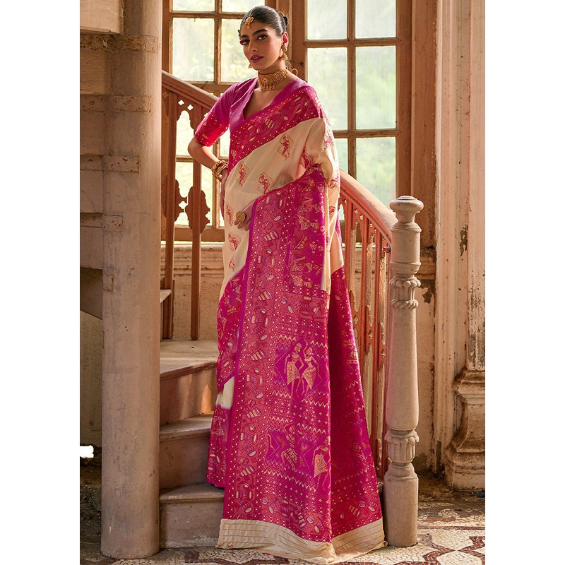 Cream Banarasi Silk Saree With Blouse Piece - JD986598549