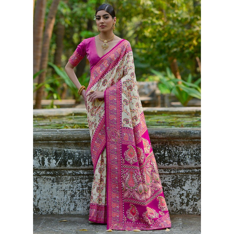 Cream Pasmina Silk Saree With Blouse Piece - JD986598547