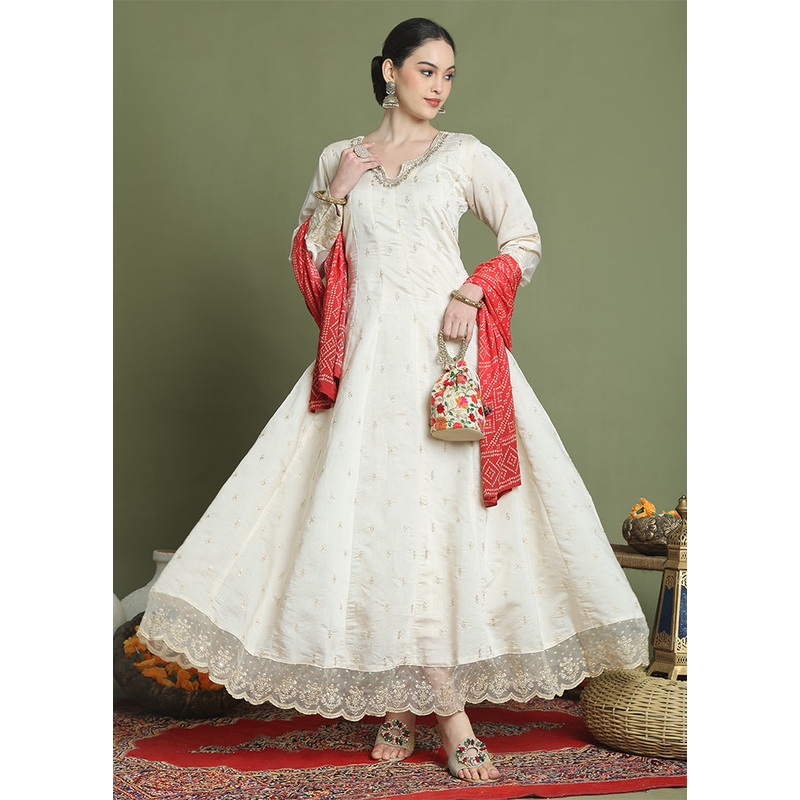 Cream Readymade Silk Dupatta Indian Dress - JD986598515