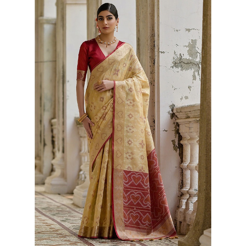 Cream Spun Silk Saree With Blouse Piece - JD986598546