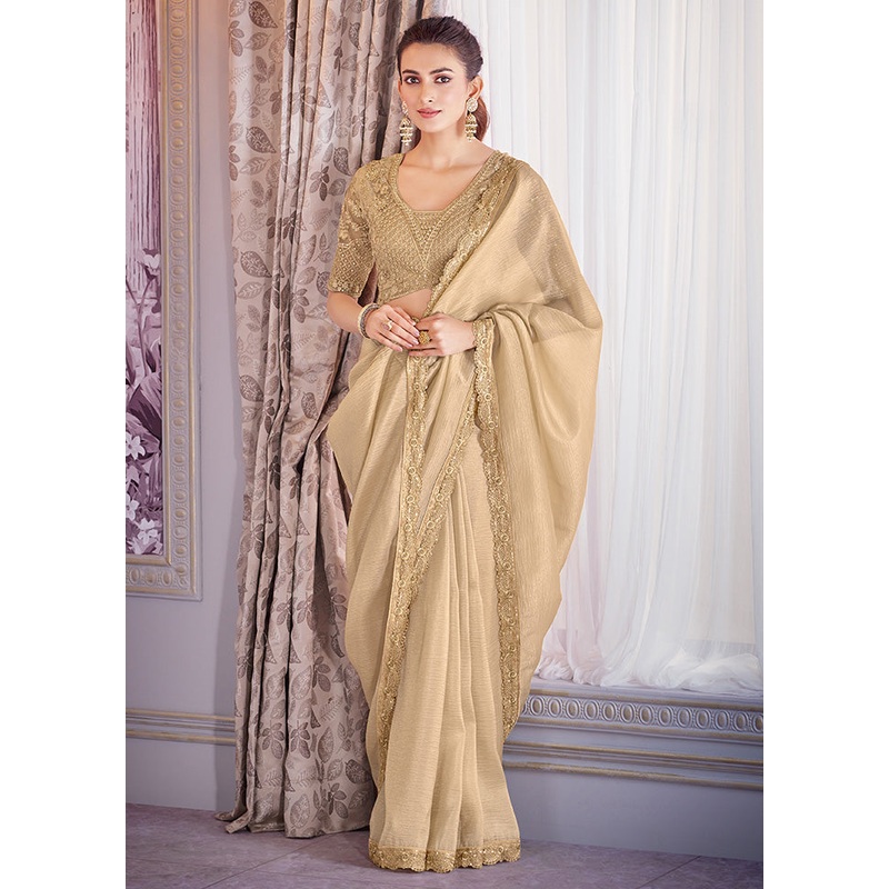 Golden Spun Silk Saree With Blouse Piece - JD986598434